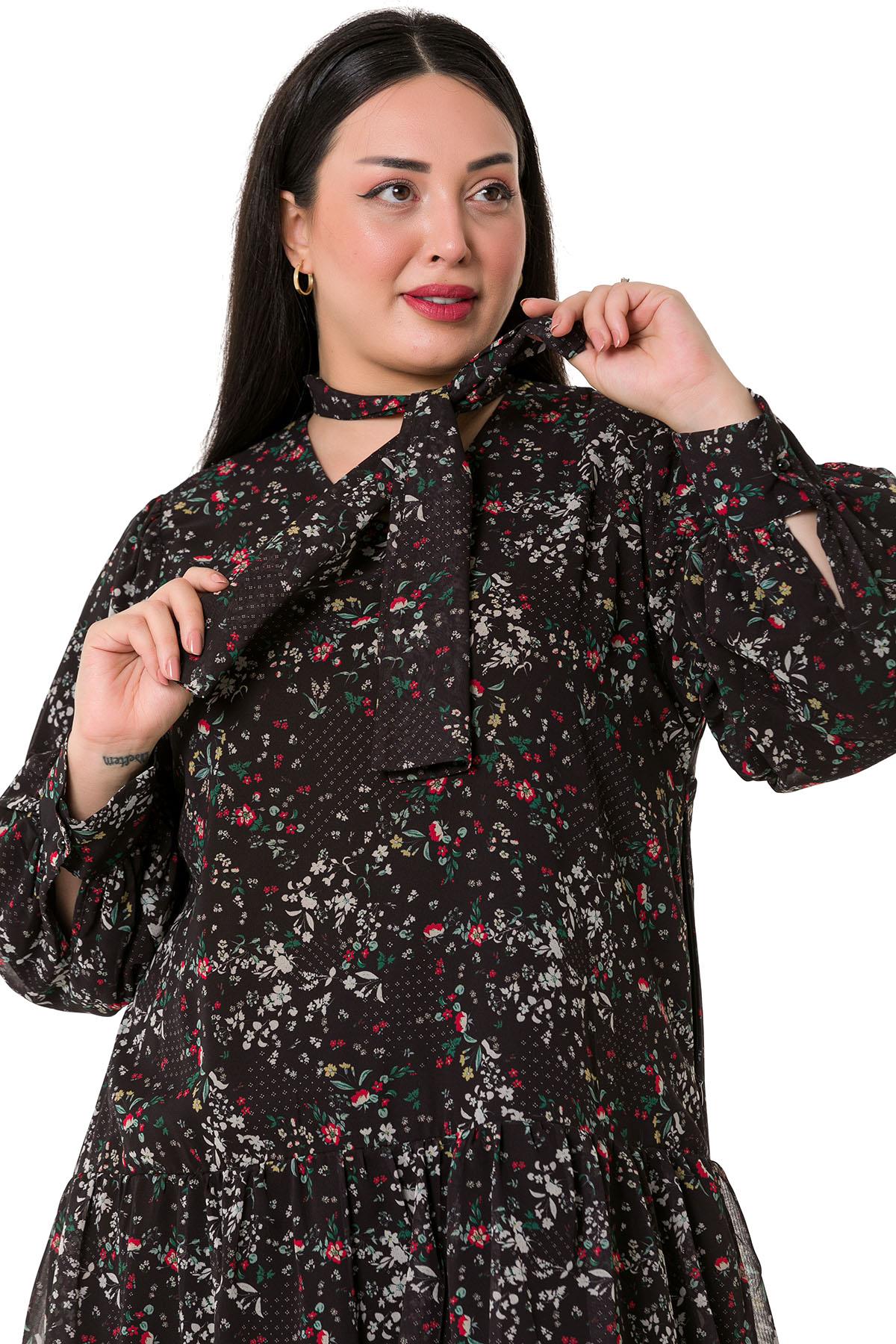 Plus Size Skirt Layered Red Floral Lined Chiffon Dress on Black Background