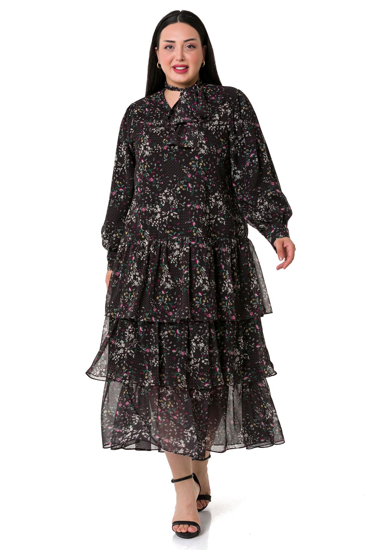 Plus Size Skirt Layered Fuchsia Floral Lined Chiffon Dress on Black Background