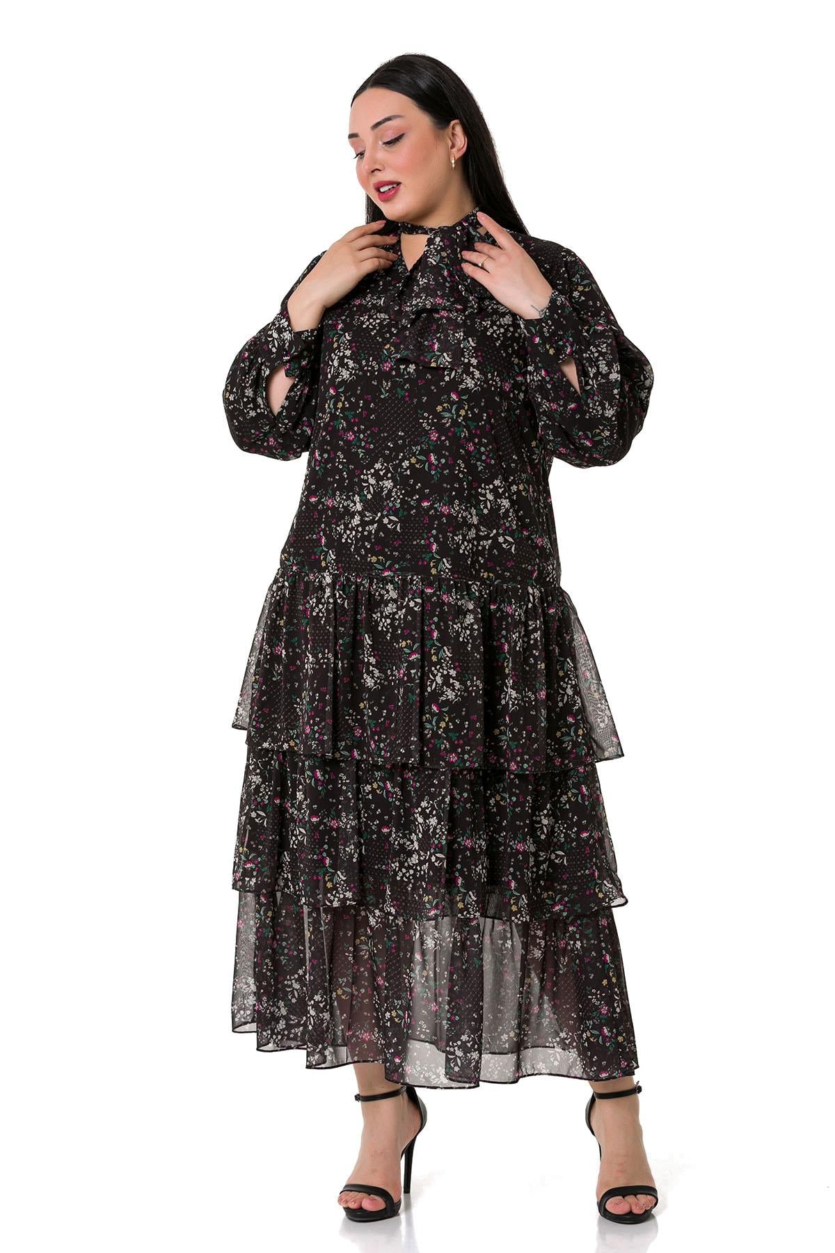 Plus Size Skirt Layered Fuchsia Floral Lined Chiffon Dress on Black Background