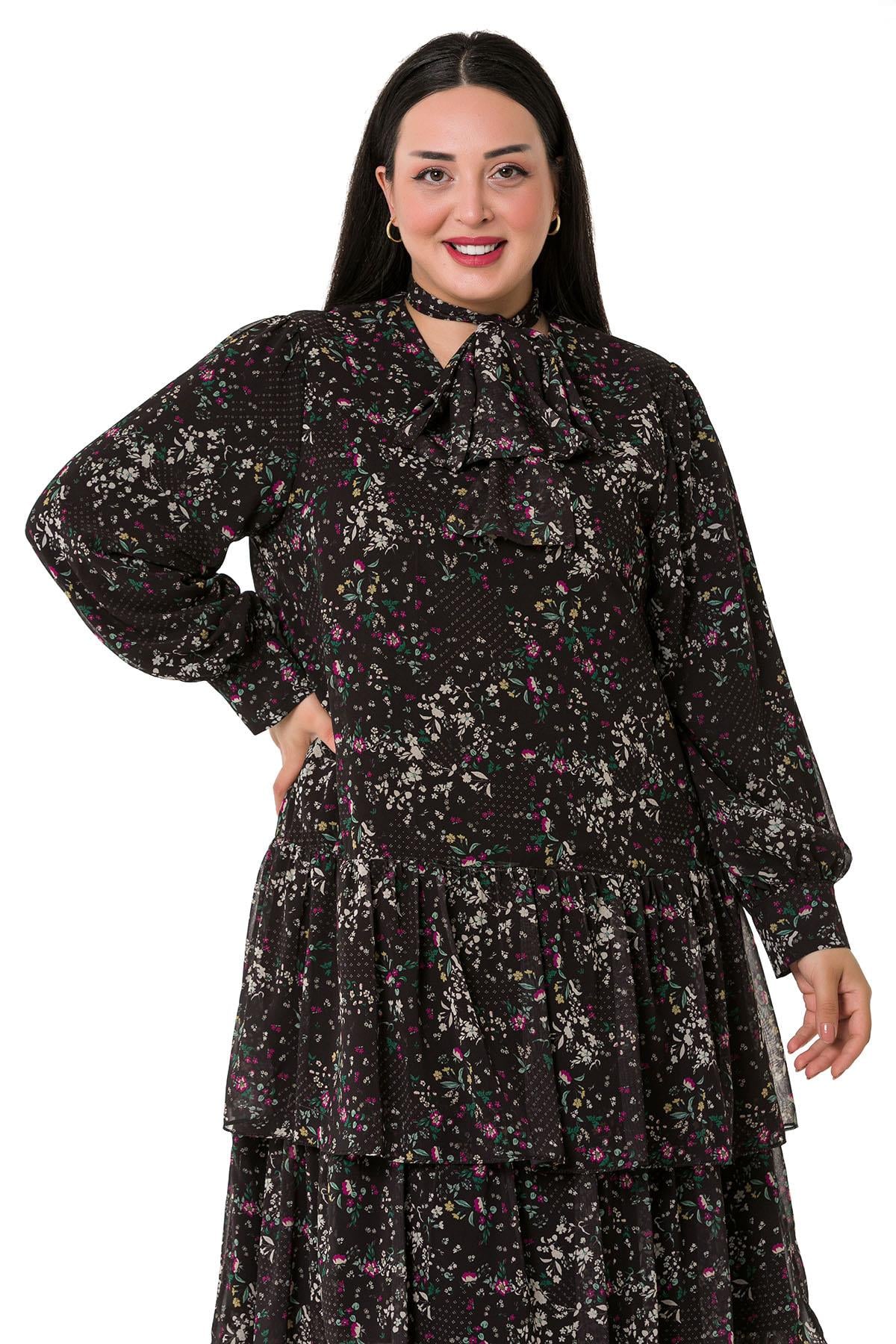 Plus Size Skirt Layered Fuchsia Floral Lined Chiffon Dress on Black Background