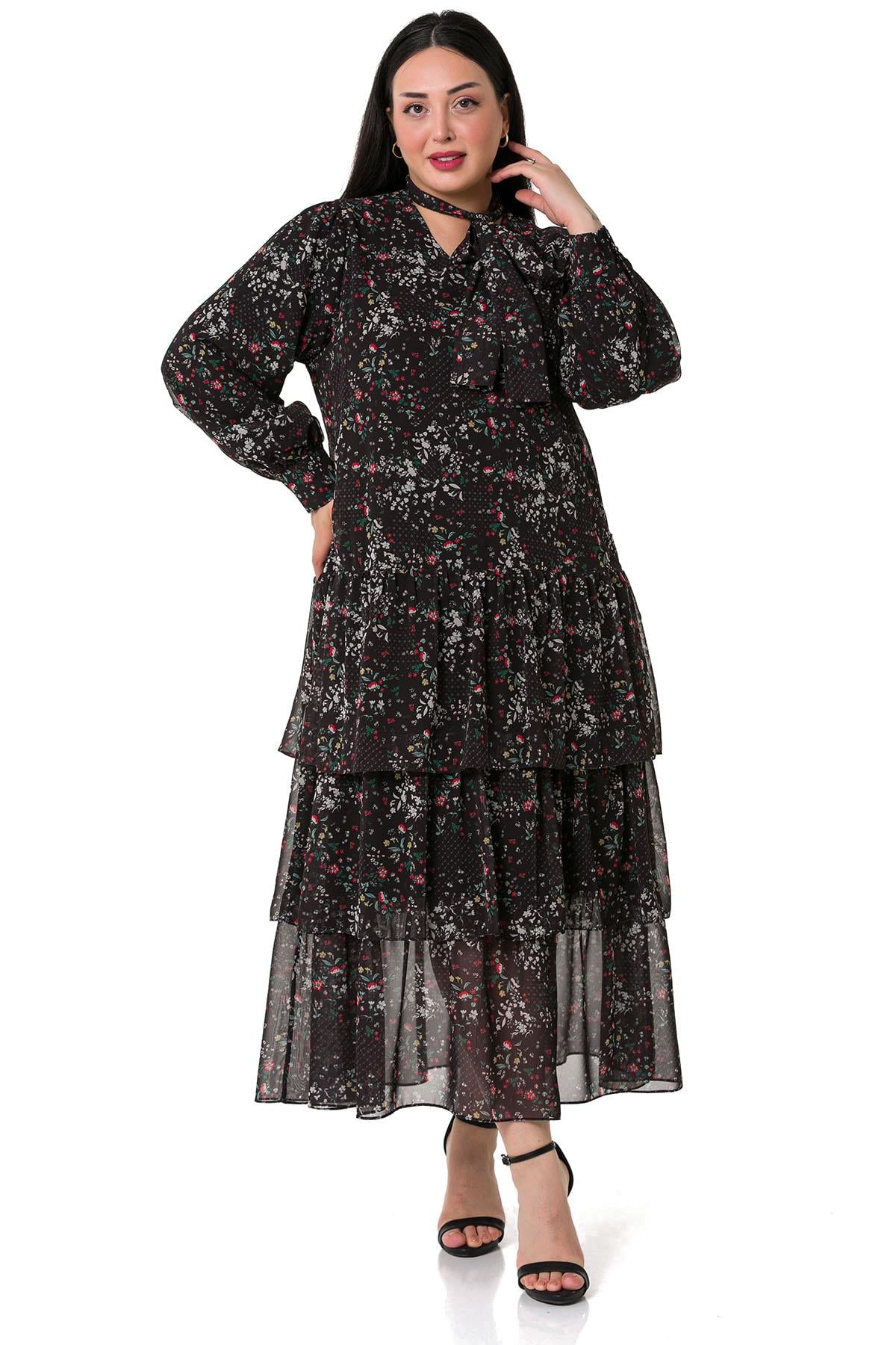 Plus Size Skirt Layered Red Floral Lined Chiffon Dress on Black Background