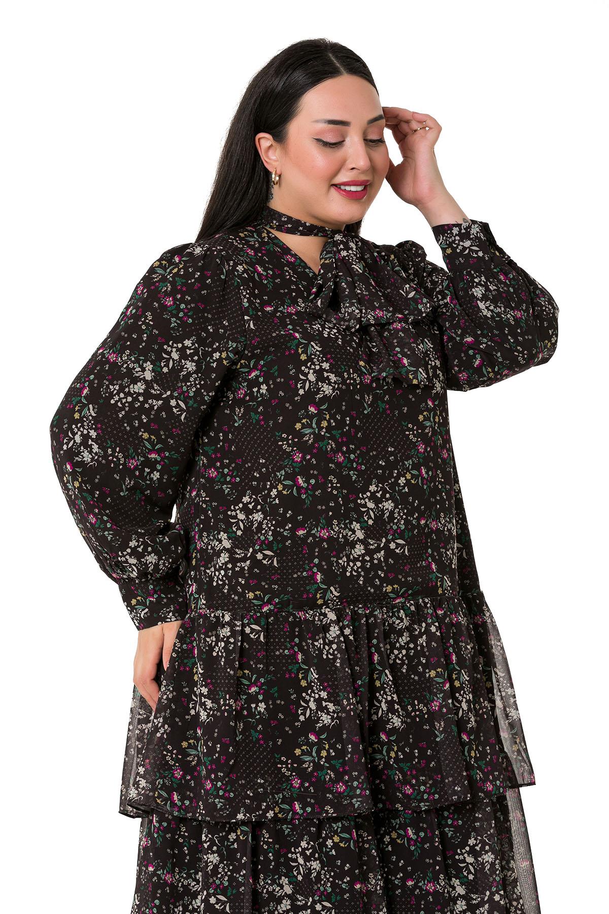 Plus Size Skirt Layered Fuchsia Floral Lined Chiffon Dress on Black Background