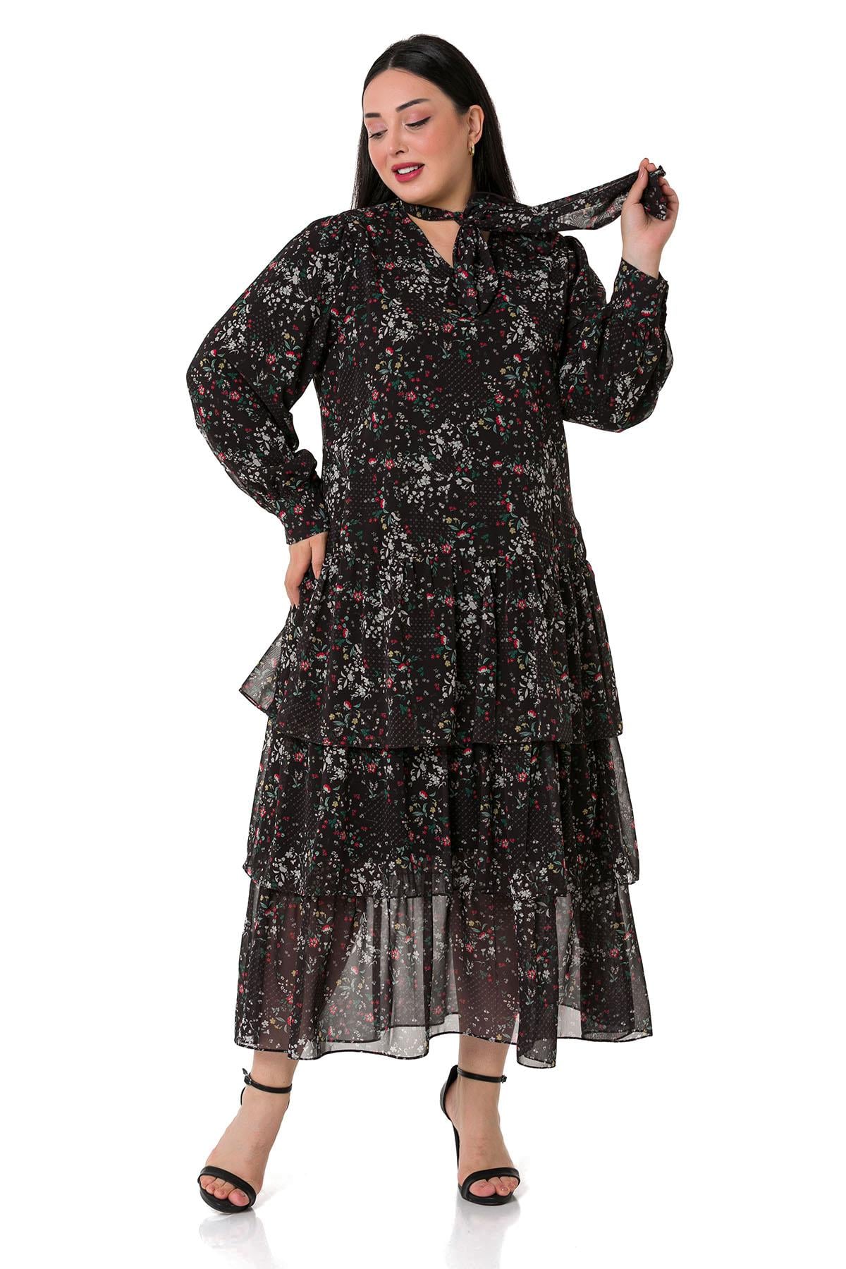 Plus Size Skirt Layered Red Floral Lined Chiffon Dress on Black Background
