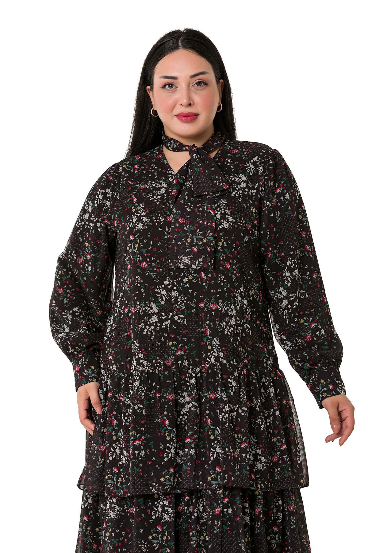 Plus Size Skirt Layered Red Floral Lined Chiffon Dress on Black Background