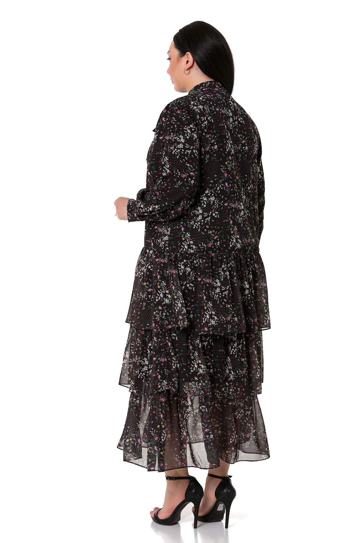 Plus Size Skirt Layered Fuchsia Floral Lined Chiffon Dress on Black Background