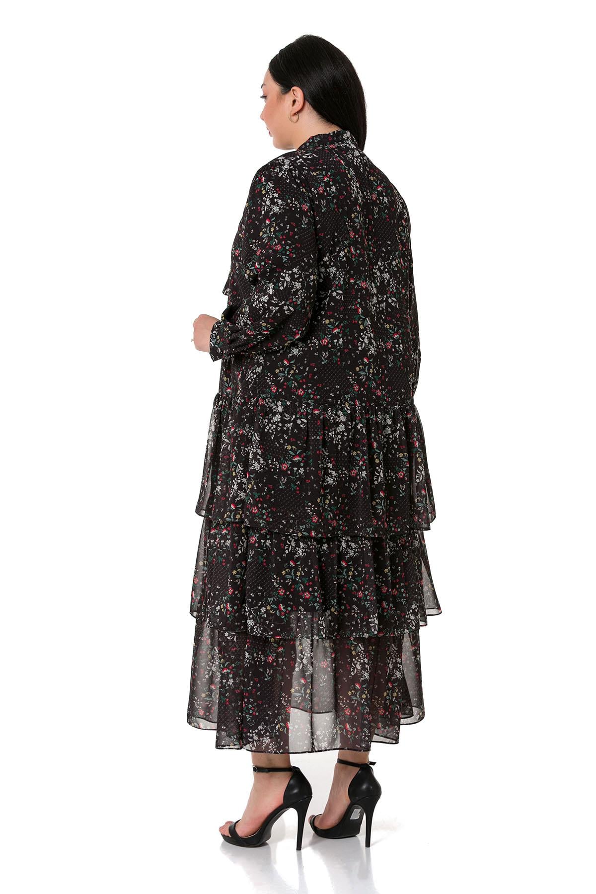 Plus Size Skirt Layered Red Floral Lined Chiffon Dress on Black Background