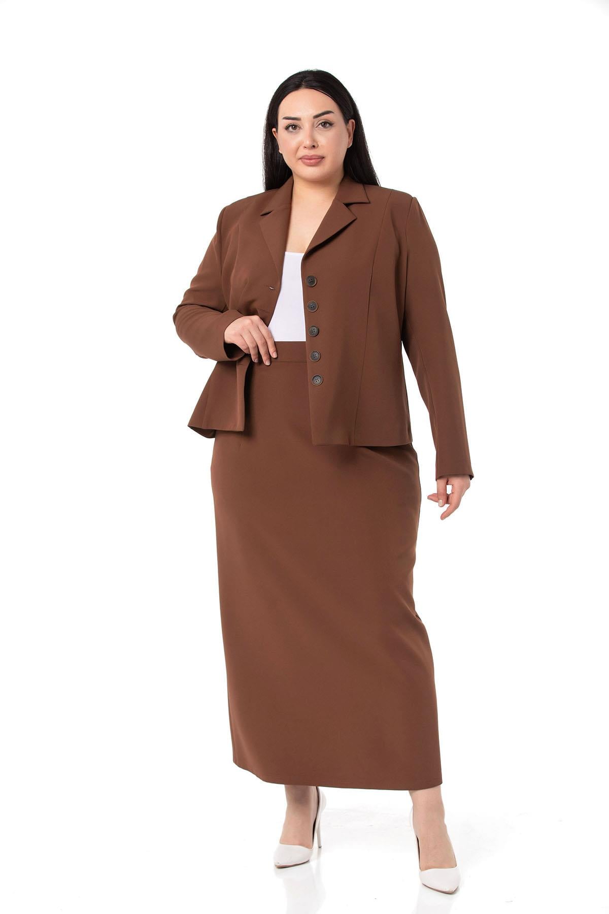 Plus Size Skirt Jacket Brown Suit