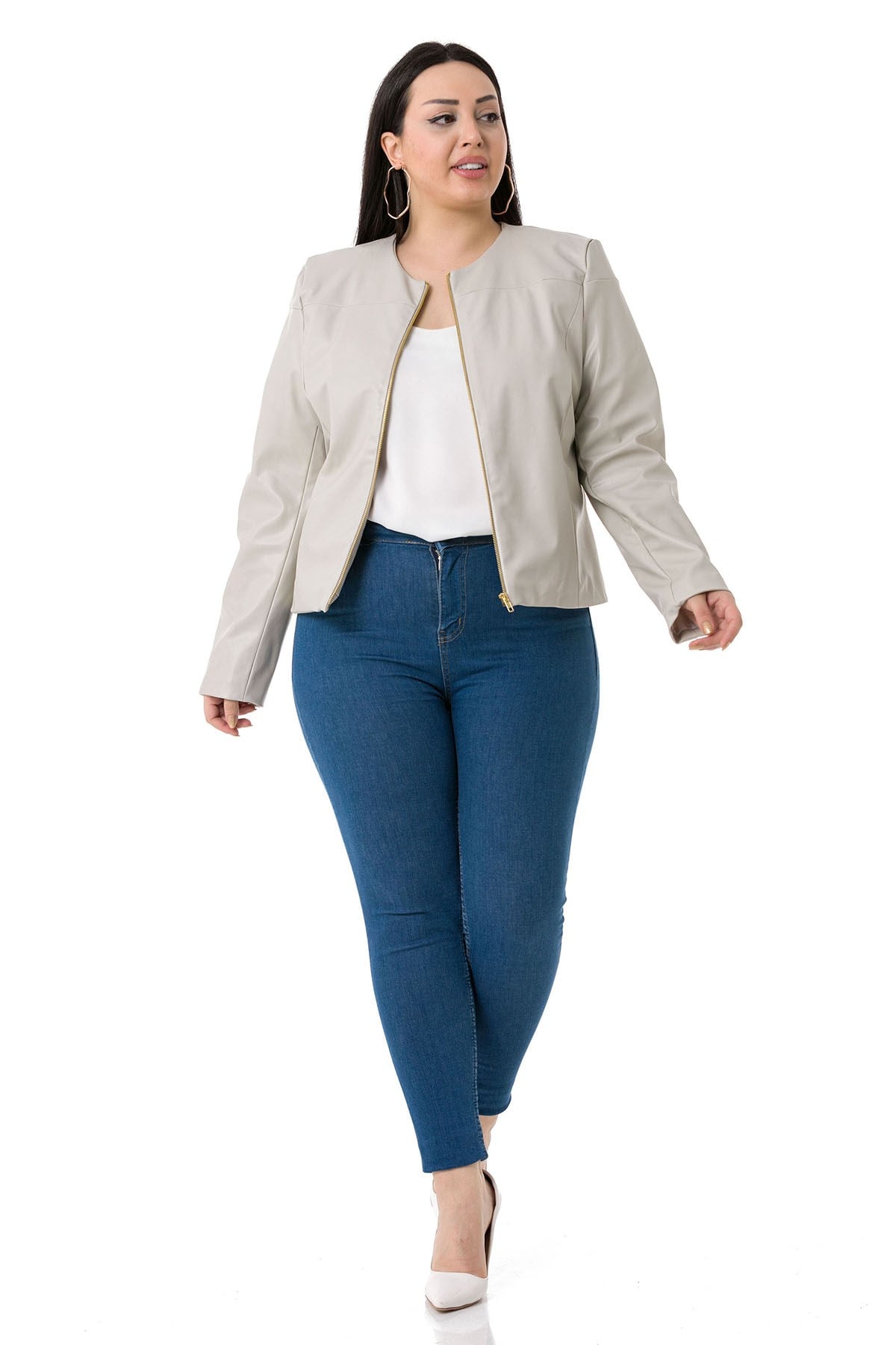 Plus Size Zipper Detailed Lined Gray Short Leather Coat