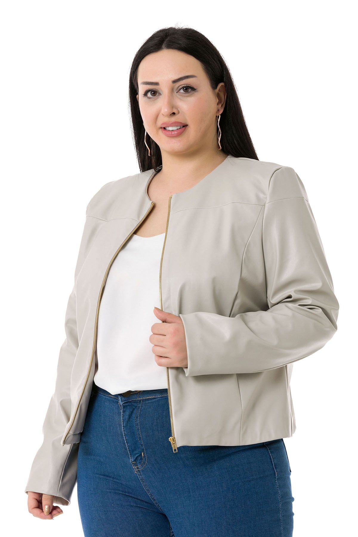 Plus Size Zipper Detailed Lined Gray Short Leather Coat