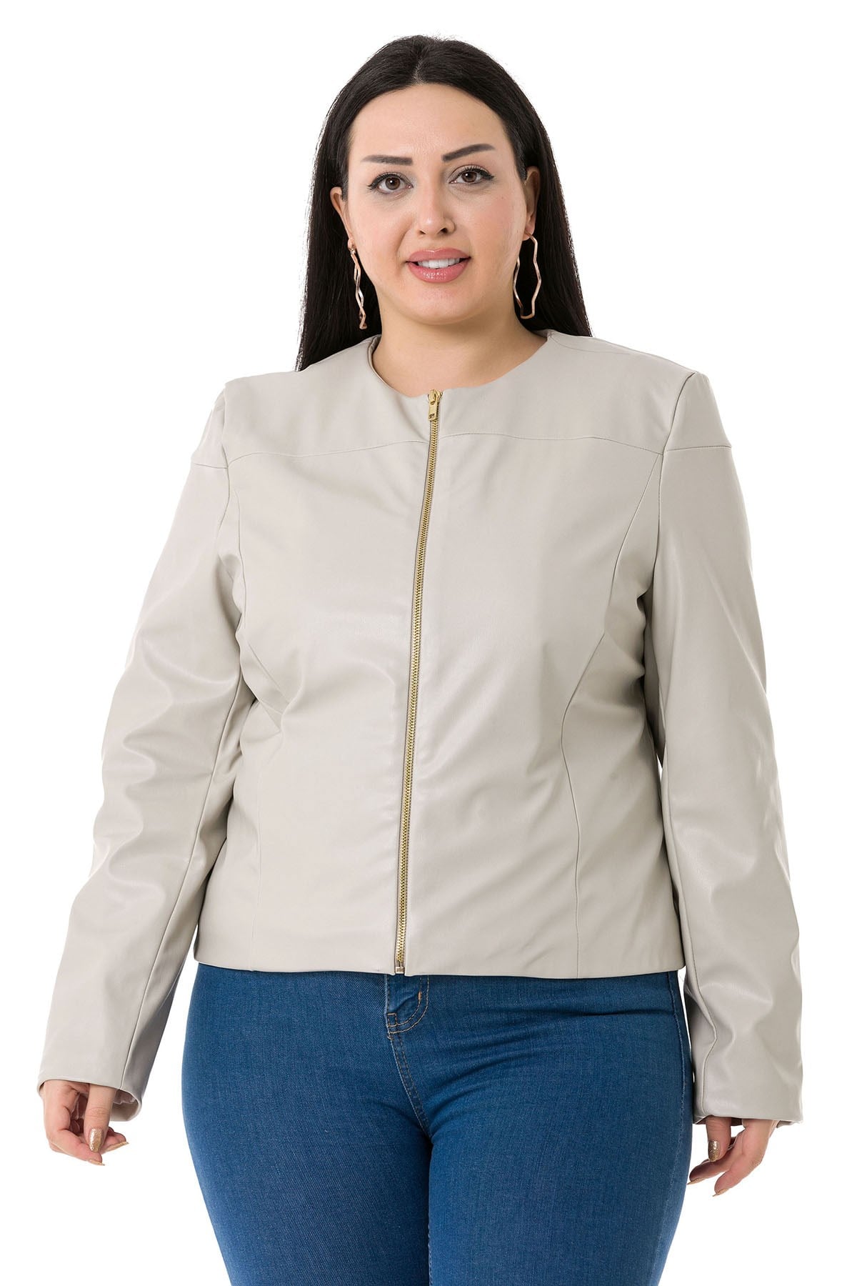 Plus Size Zipper Detailed Lined Gray Short Leather Coat