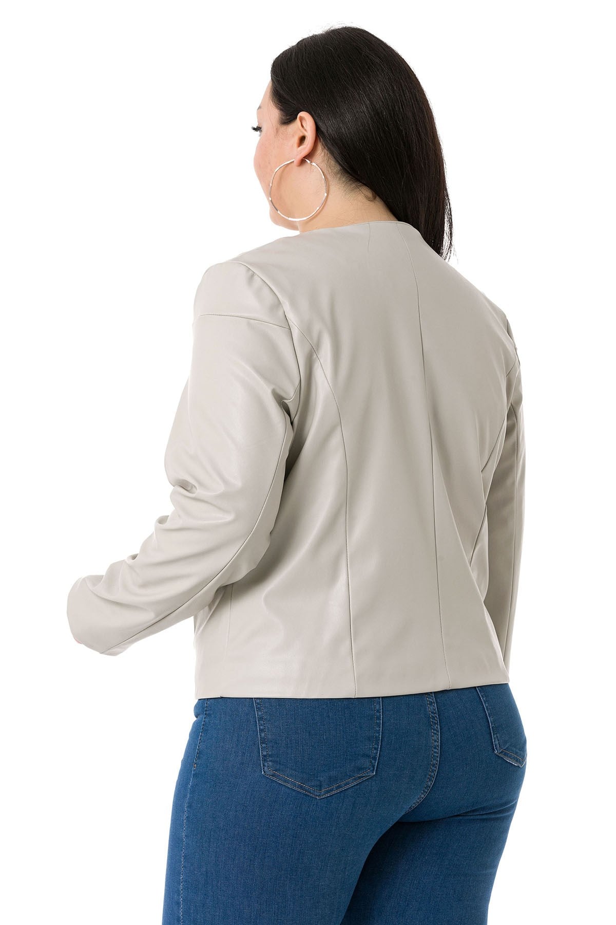Plus Size Zipper Detailed Lined Gray Short Leather Coat