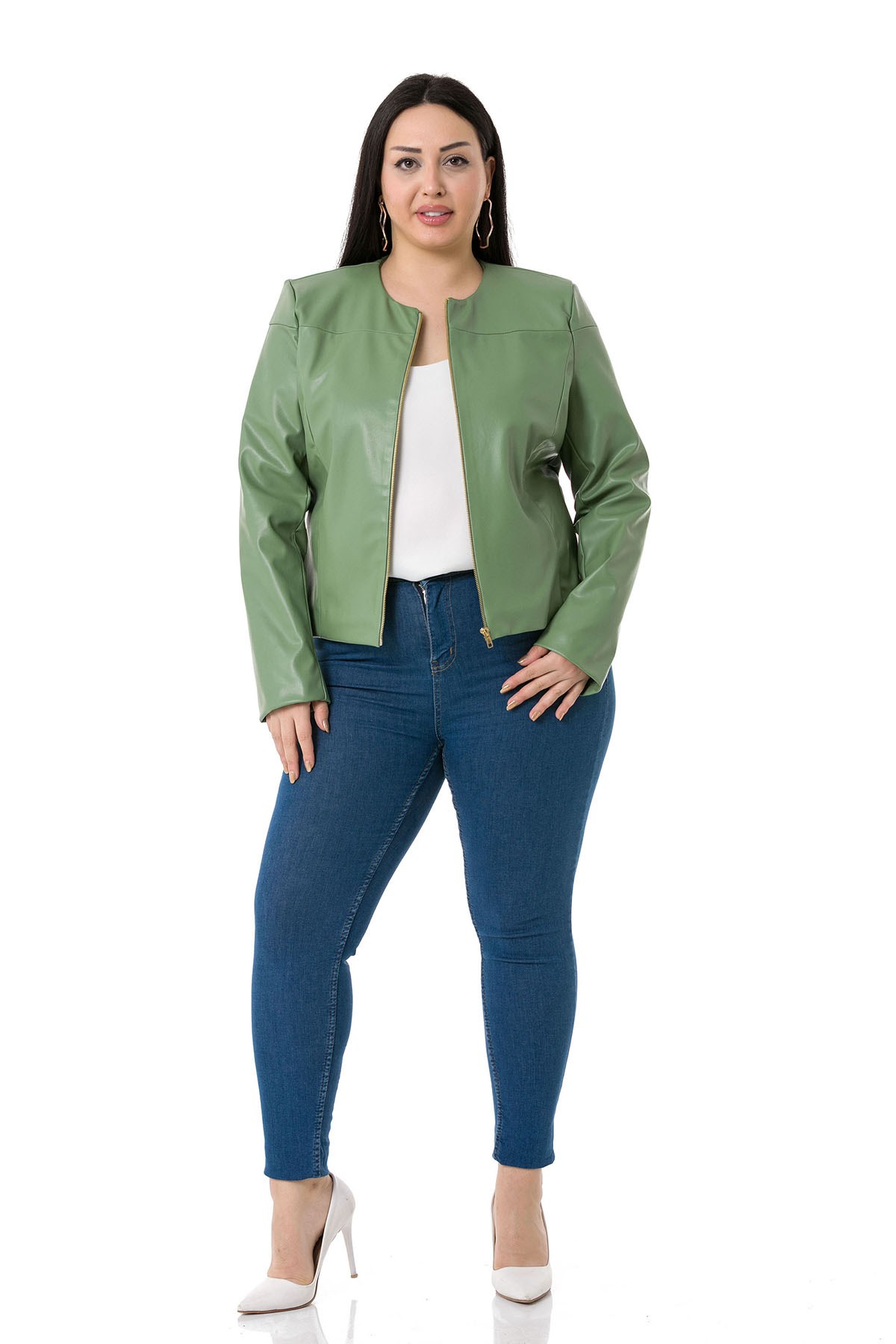 Plus Size Zipper Detailed Lined Green Short Leather Coat