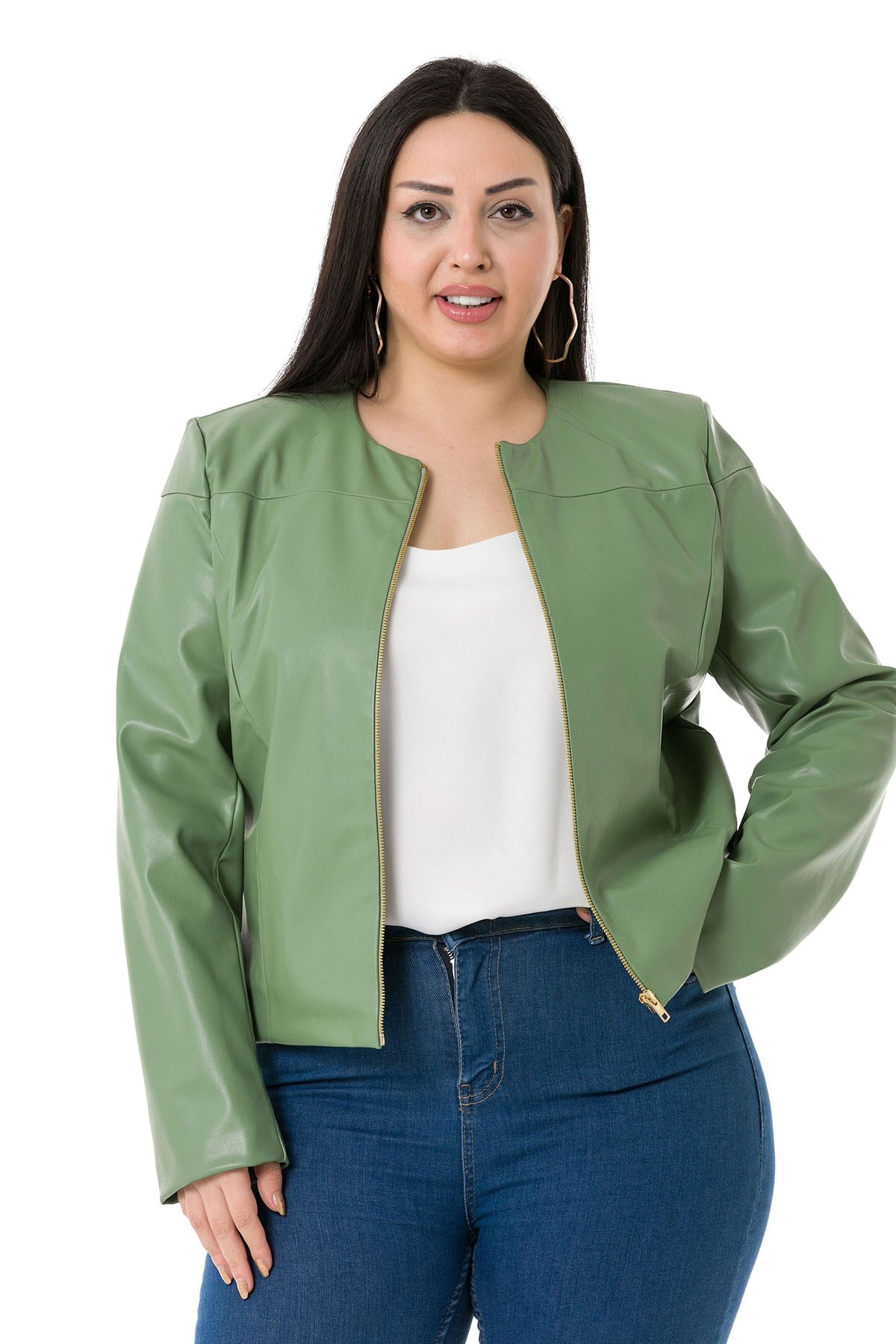 Plus Size Zipper Detailed Lined Green Short Leather Coat