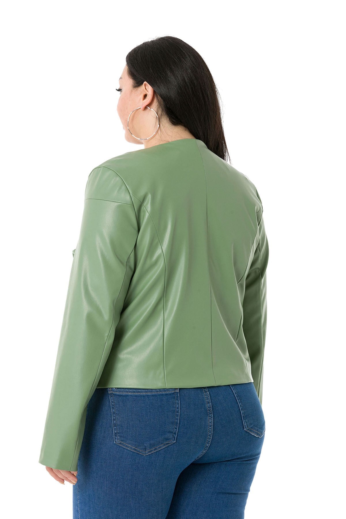 Plus Size Zipper Detailed Lined Green Short Leather Coat