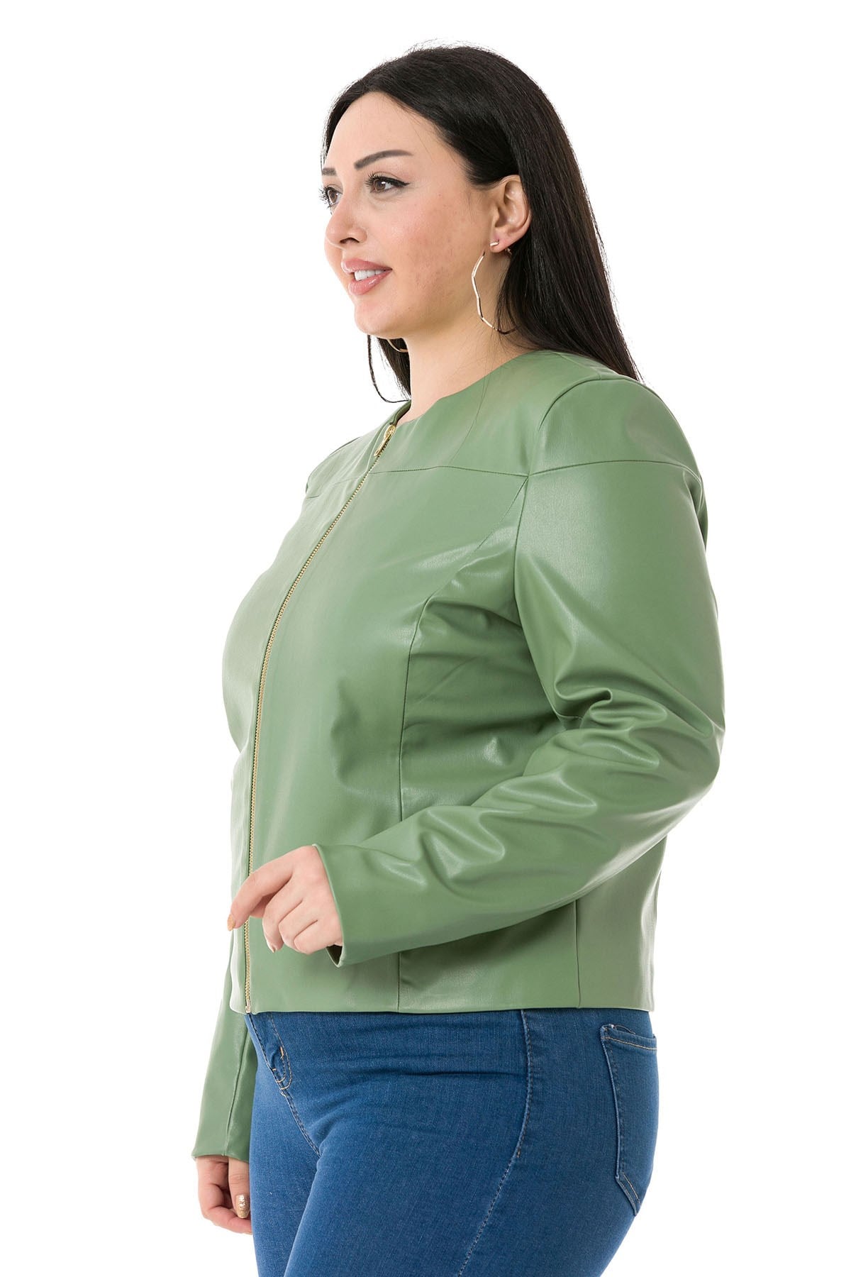 Plus Size Zipper Detailed Lined Green Short Leather Coat