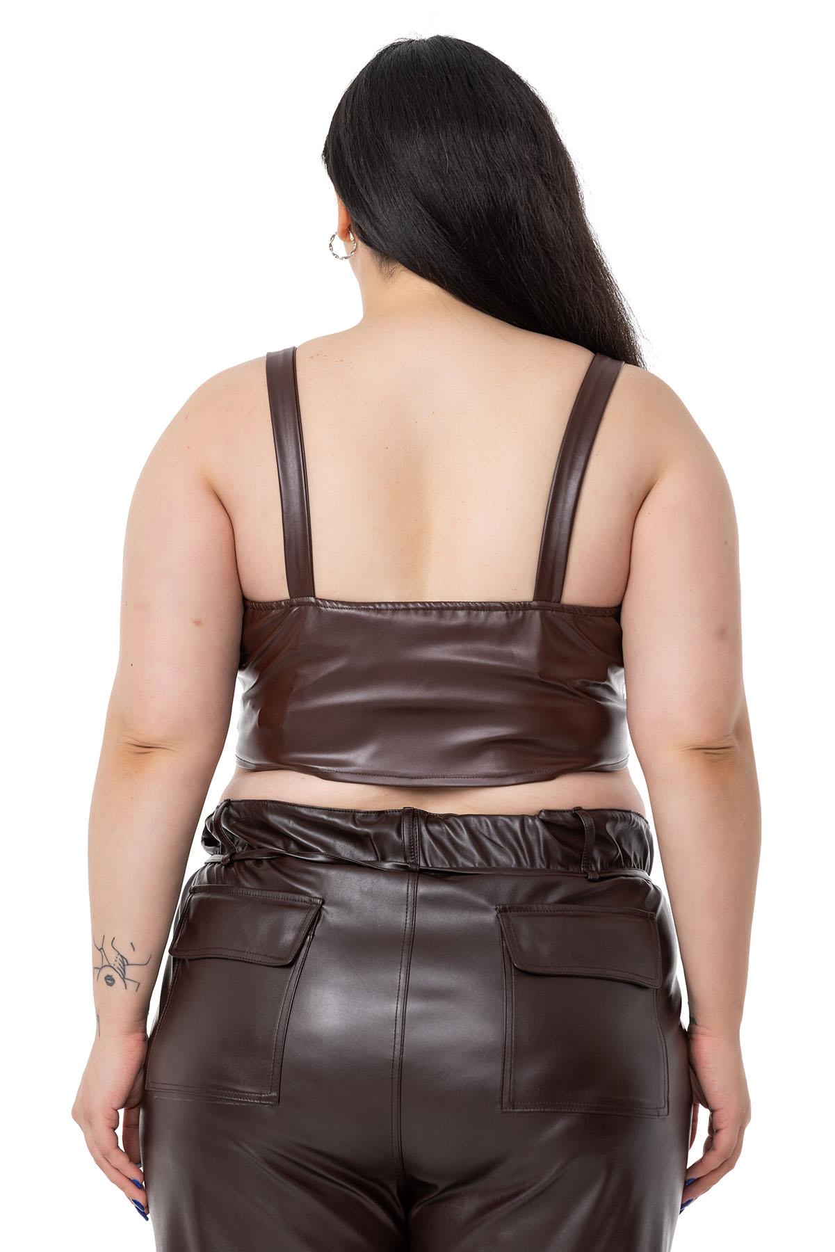 Plus Size Zipper Detailed Leather Brown Bustier