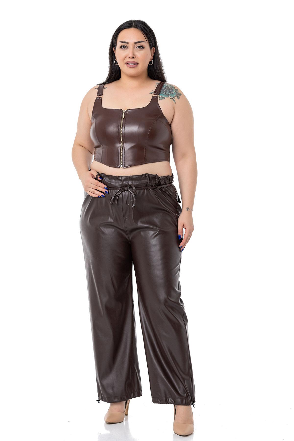 Plus Size Zipper Detailed Leather Brown Bustier