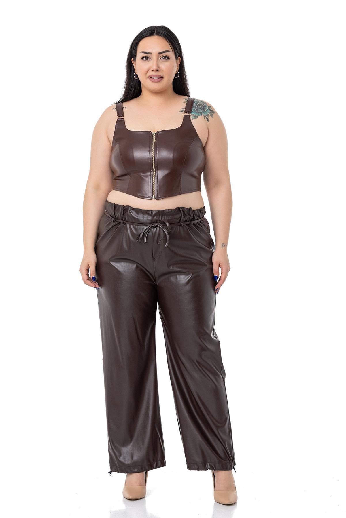 Plus Size Zipper Detailed Leather Brown Bustier