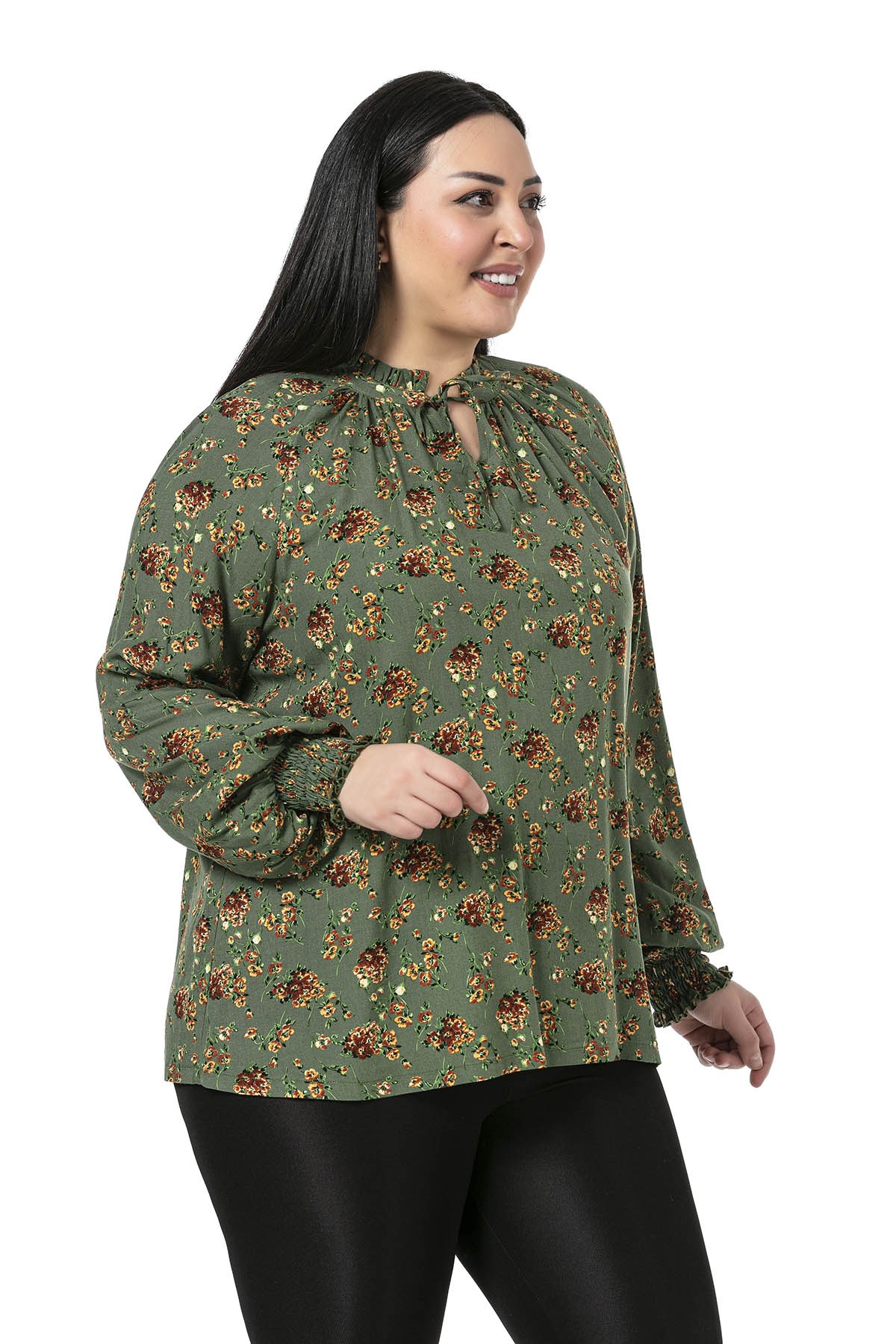 Plus Size Ruffled Drop Neck Sleeve Gimped Small Floral Green Blouse