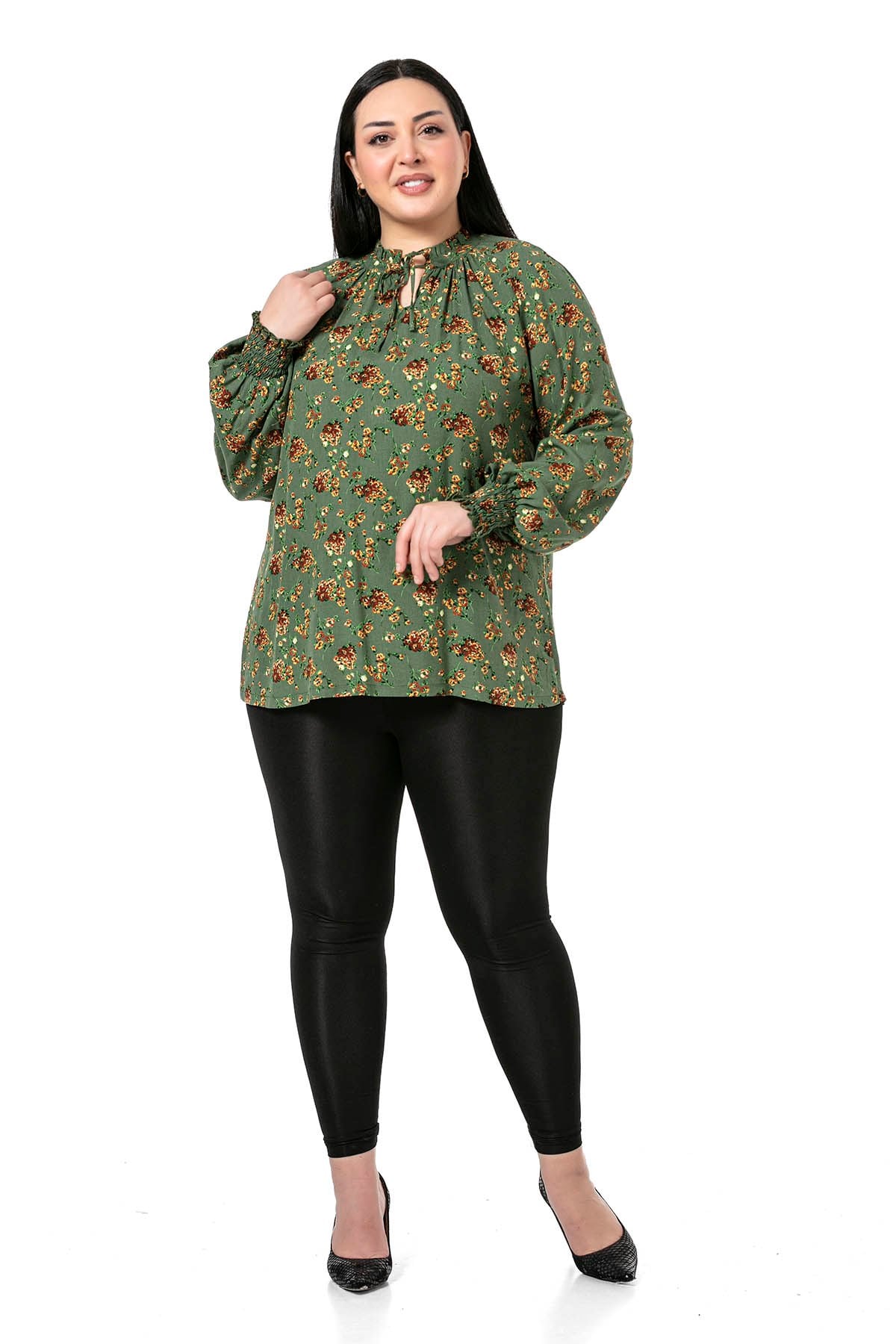 Plus Size Ruffled Drop Neck Sleeve Gimped Small Floral Green Blouse