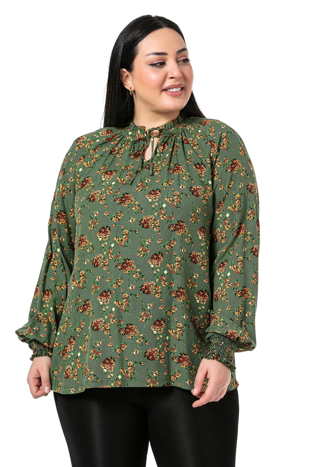 Plus Size Ruffled Drop Neck Sleeve Gimped Small Floral Green Blouse
