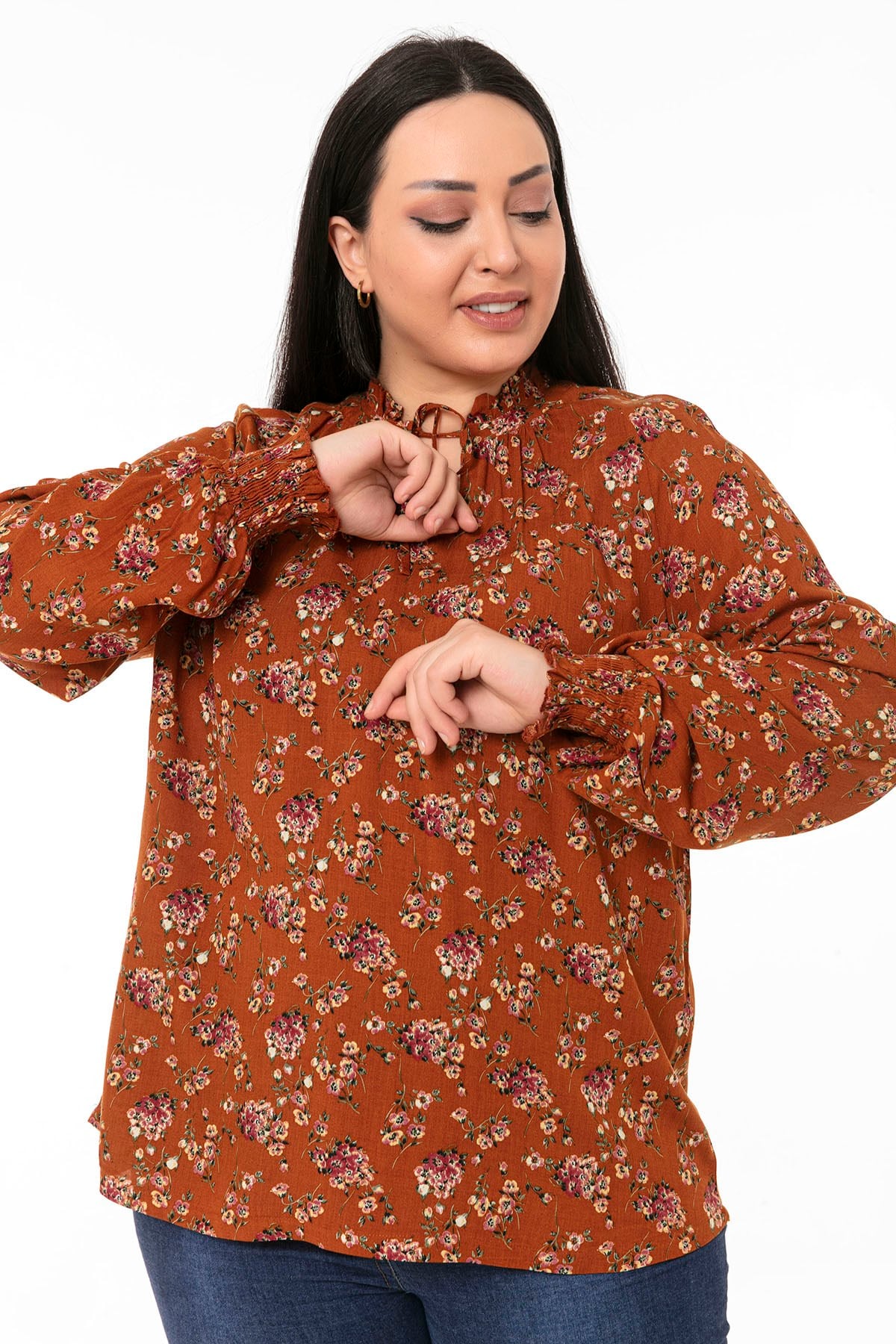 Plus Size Ruffled Drop Neck Sleeve Gimped Small Floral Brown Blouse