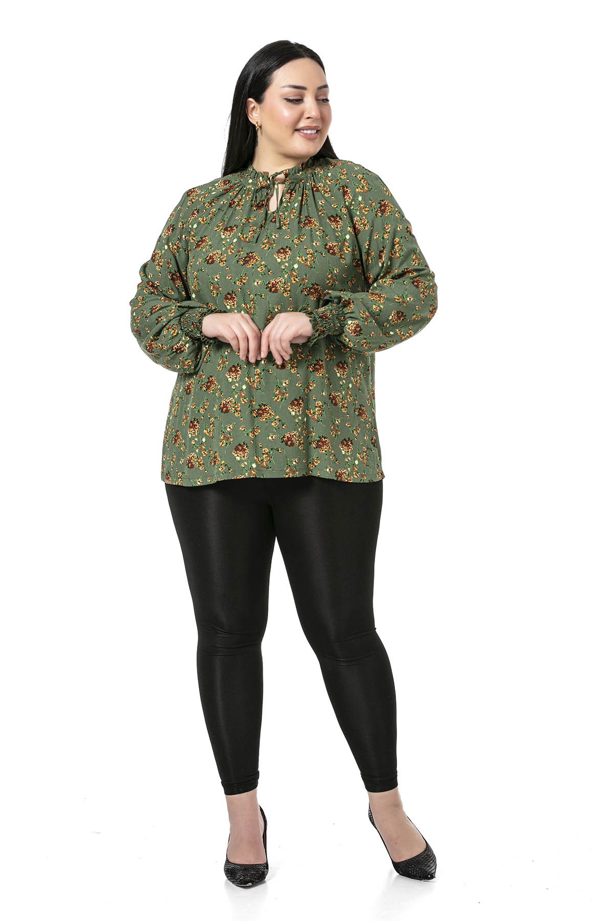 Plus Size Ruffled Drop Neck Sleeve Gimped Small Floral Green Blouse