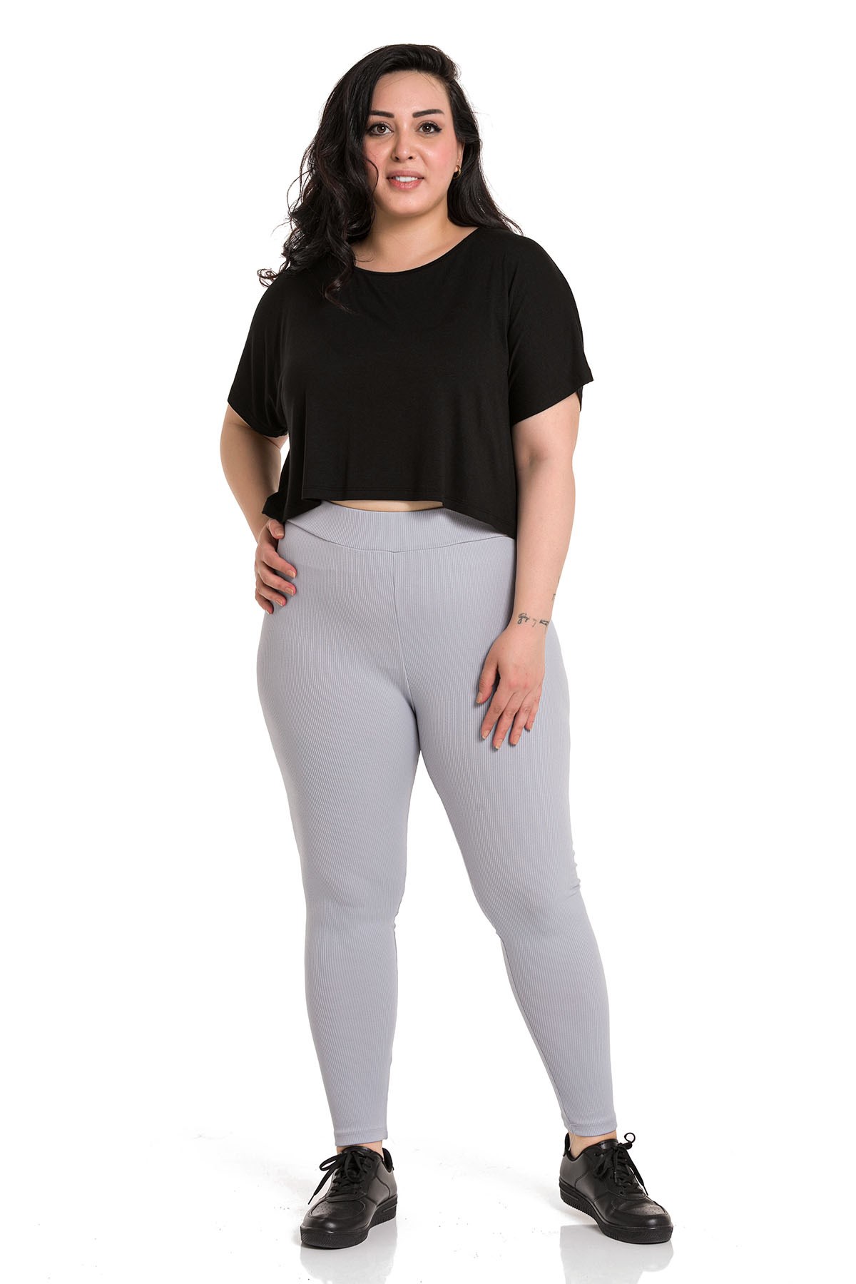 Büyük Beden Fitilli Beli Lastikli Bilek Hizasında Gri Bayan Tayt