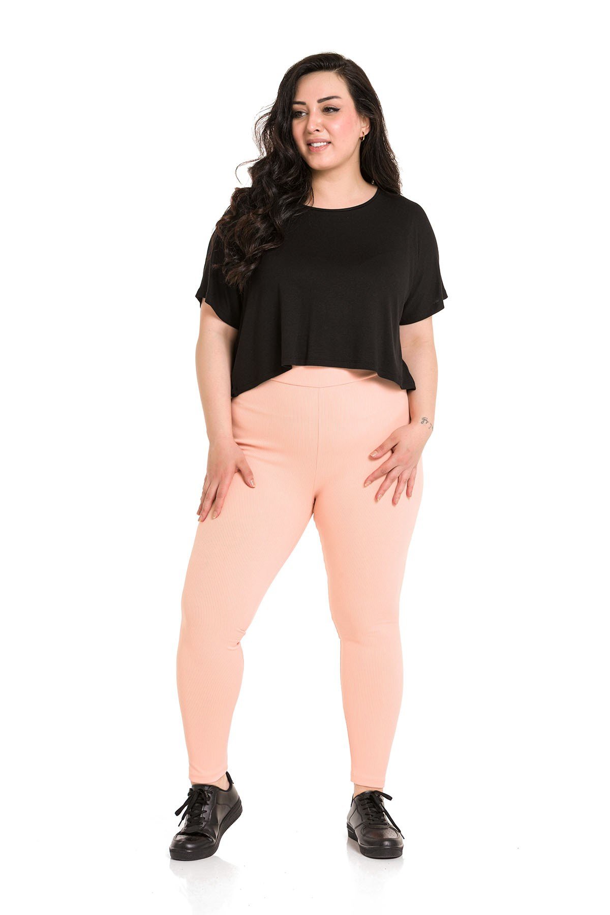 Büyük Beden Fitilli Beli Lastikli Bilek Hizasında Somon Rengi Bayan Tayt