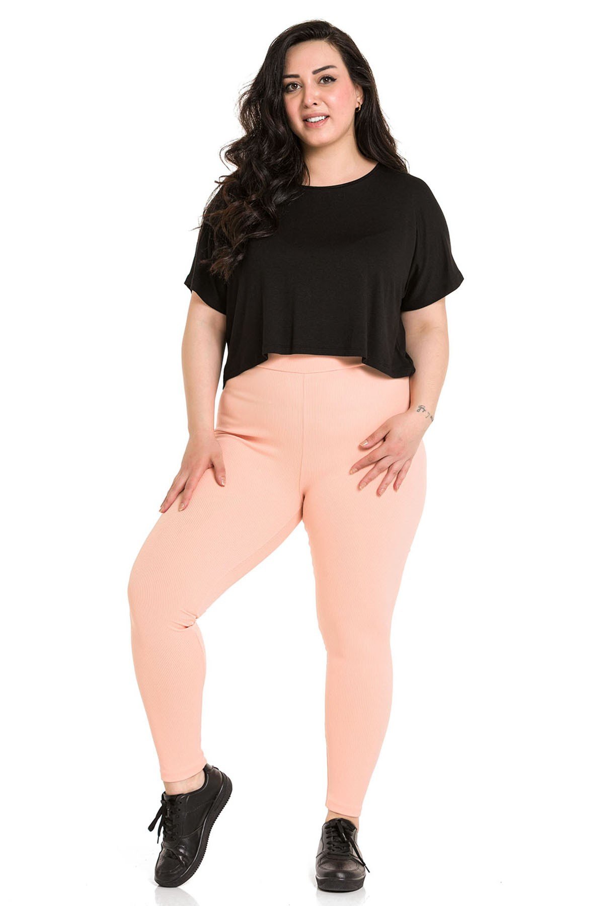 Büyük Beden Fitilli Beli Lastikli Bilek Hizasında Somon Rengi Bayan Tayt