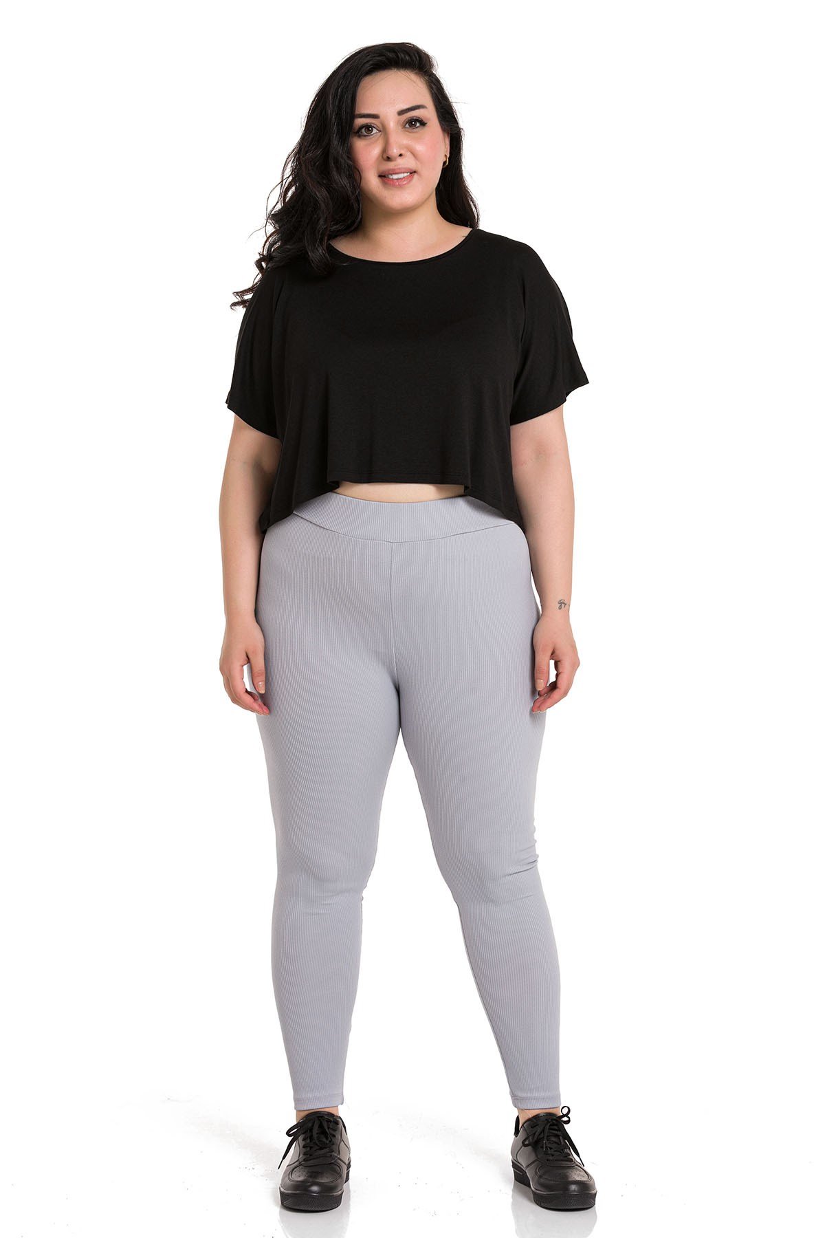 Büyük Beden Fitilli Beli Lastikli Bilek Hizasında Gri Bayan Tayt