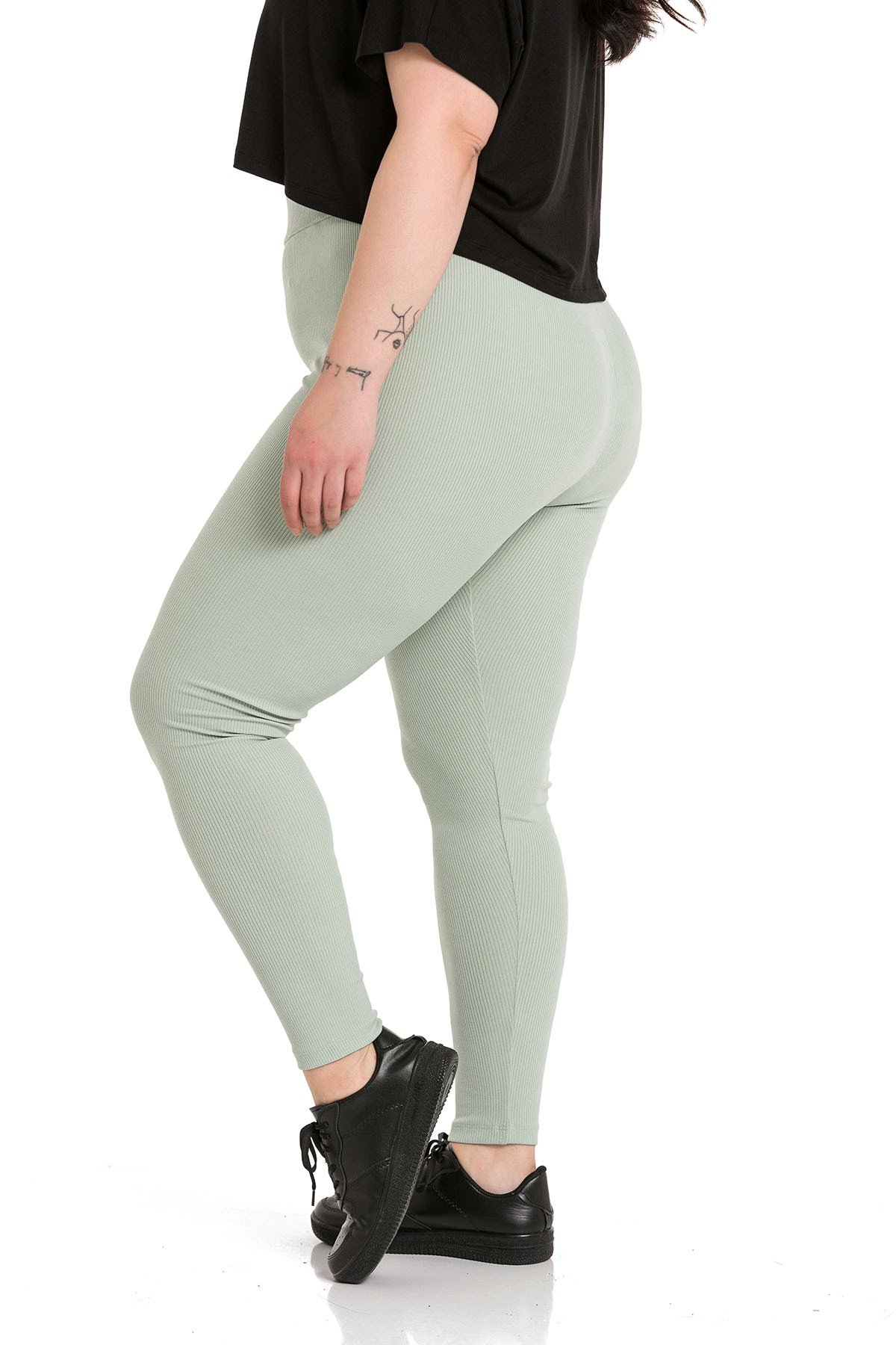 Büyük Beden Fitilli Beli Lastikli Bilek Hizasında Yeşil Bayan Tayt