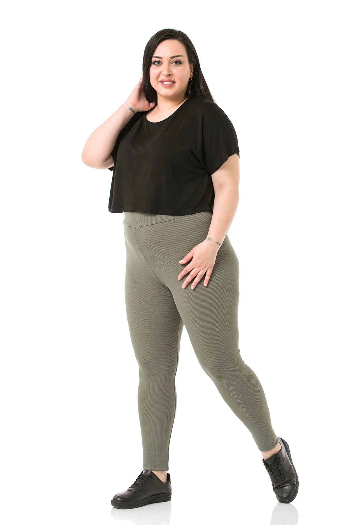 Büyük Beden Fitilli Beli Lastikli Bilek Hizasında Haki Bayan Tayt