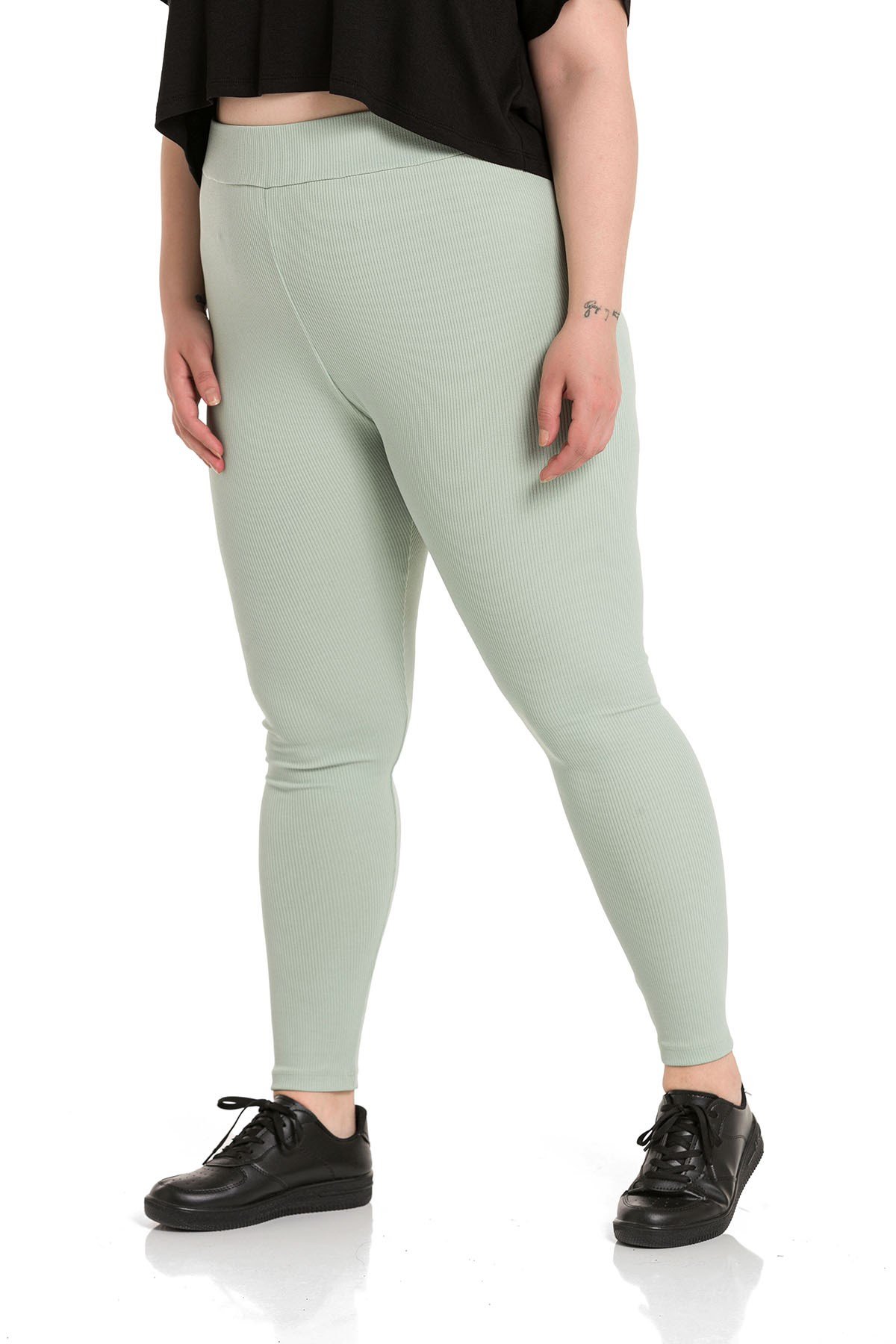 Büyük Beden Fitilli Beli Lastikli Bilek Hizasında Yeşil Bayan Tayt