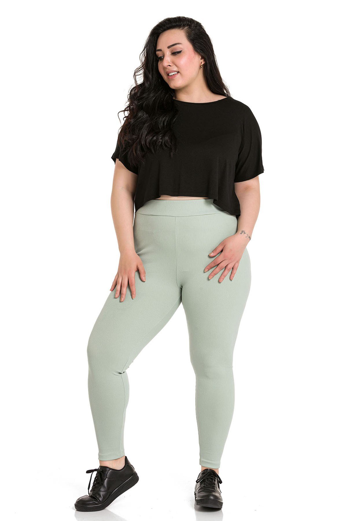 Büyük Beden Fitilli Beli Lastikli Bilek Hizasında Yeşil Bayan Tayt