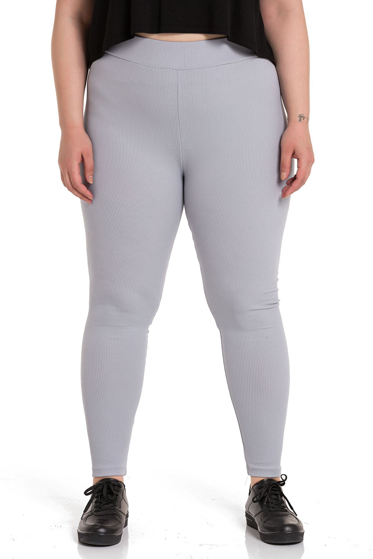 Büyük Beden Fitilli Beli Lastikli Bilek Hizasında Gri Bayan Tayt