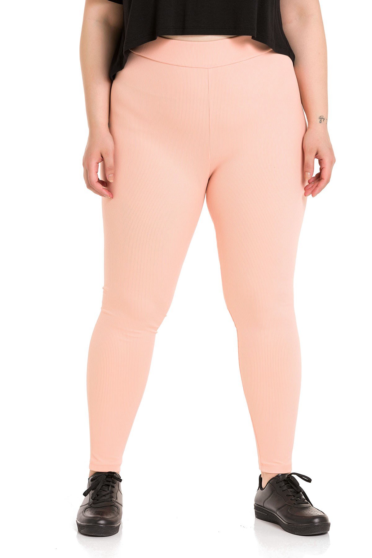 Büyük Beden Fitilli Beli Lastikli Bilek Hizasında Somon Rengi Bayan Tayt