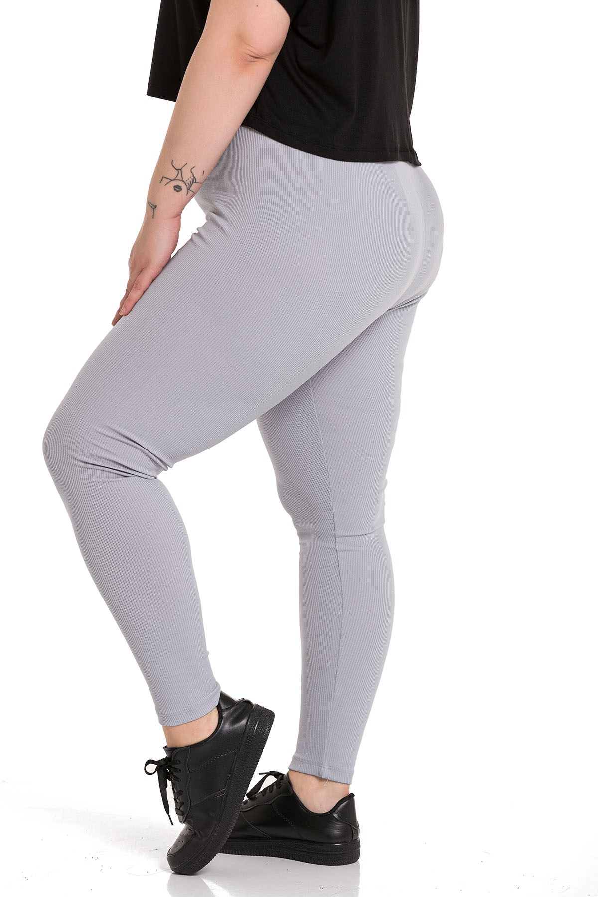 Büyük Beden Fitilli Beli Lastikli Bilek Hizasında Gri Bayan Tayt