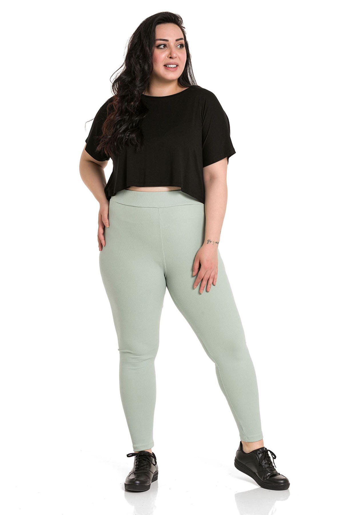 Büyük Beden Fitilli Beli Lastikli Bilek Hizasında Yeşil Bayan Tayt