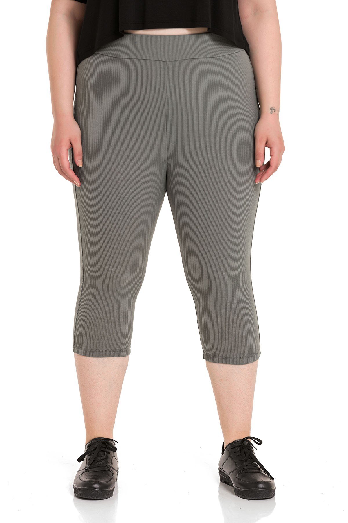 Büyük Beden Fitilli Beli Lastikli Karyoka Dikişli Diz Altı Haki Bayan Tayt