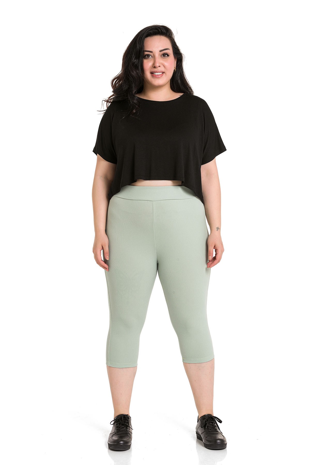 Plus Size Ribbed Waist Elastic Waistband Knee-Length Green Tights
