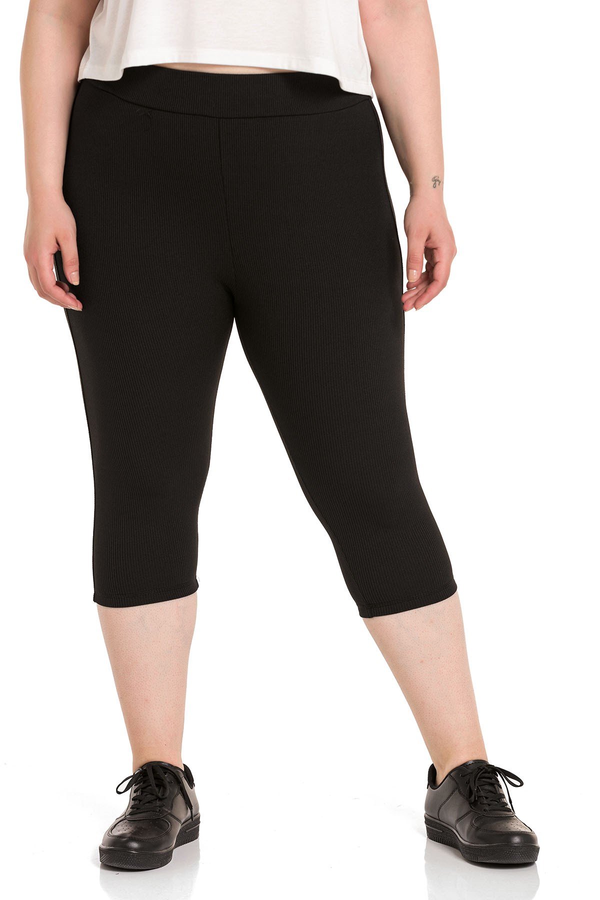 Büyük Beden Fitilli Beli Lastikli Karyoka Dikişli Diz Altı Siyah Bayan Tayt