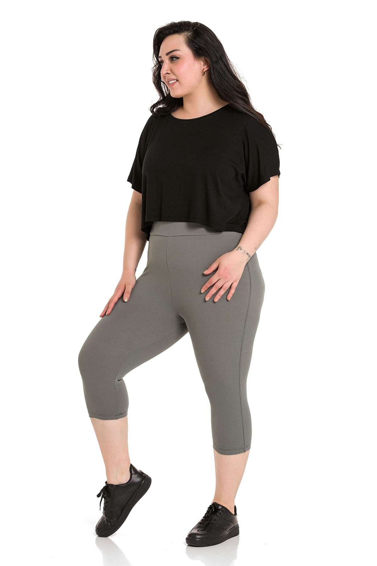 Büyük Beden Fitilli Beli Lastikli Karyoka Dikişli Diz Altı Haki Bayan Tayt