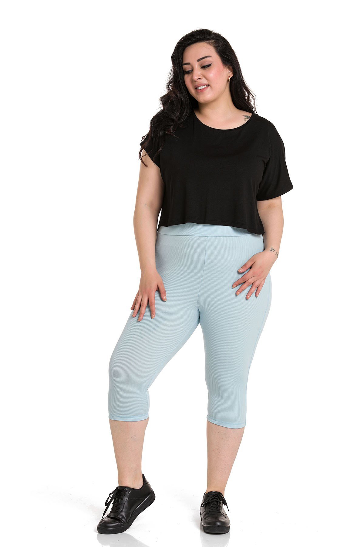 Büyük Beden Fitilli Beli Lastikli Karyoka Dikişli Diz Altı Bebe Mavi Bayan Tayt