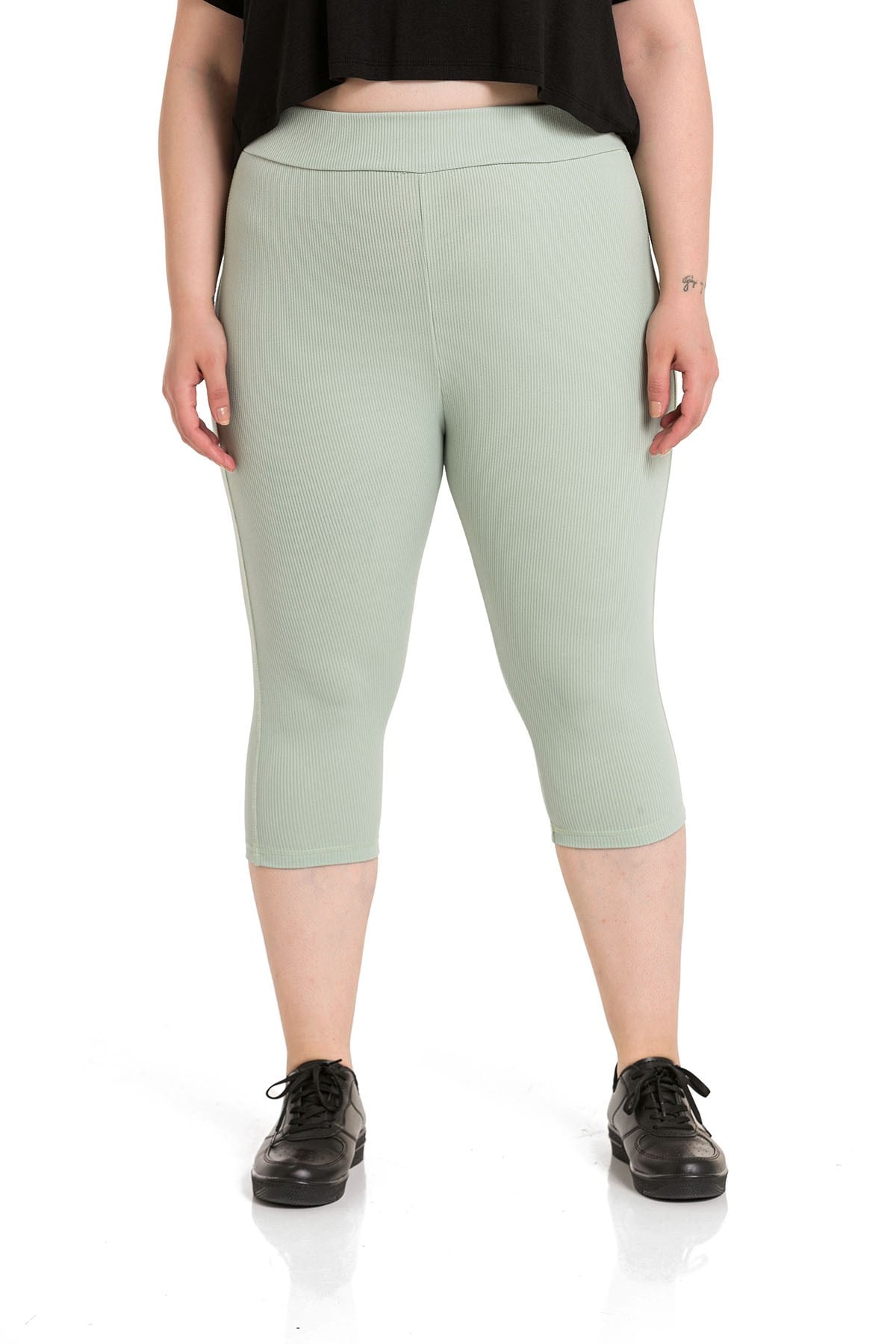 Plus Size Ribbed Waist Elastic Waistband Knee-Length Green Tights