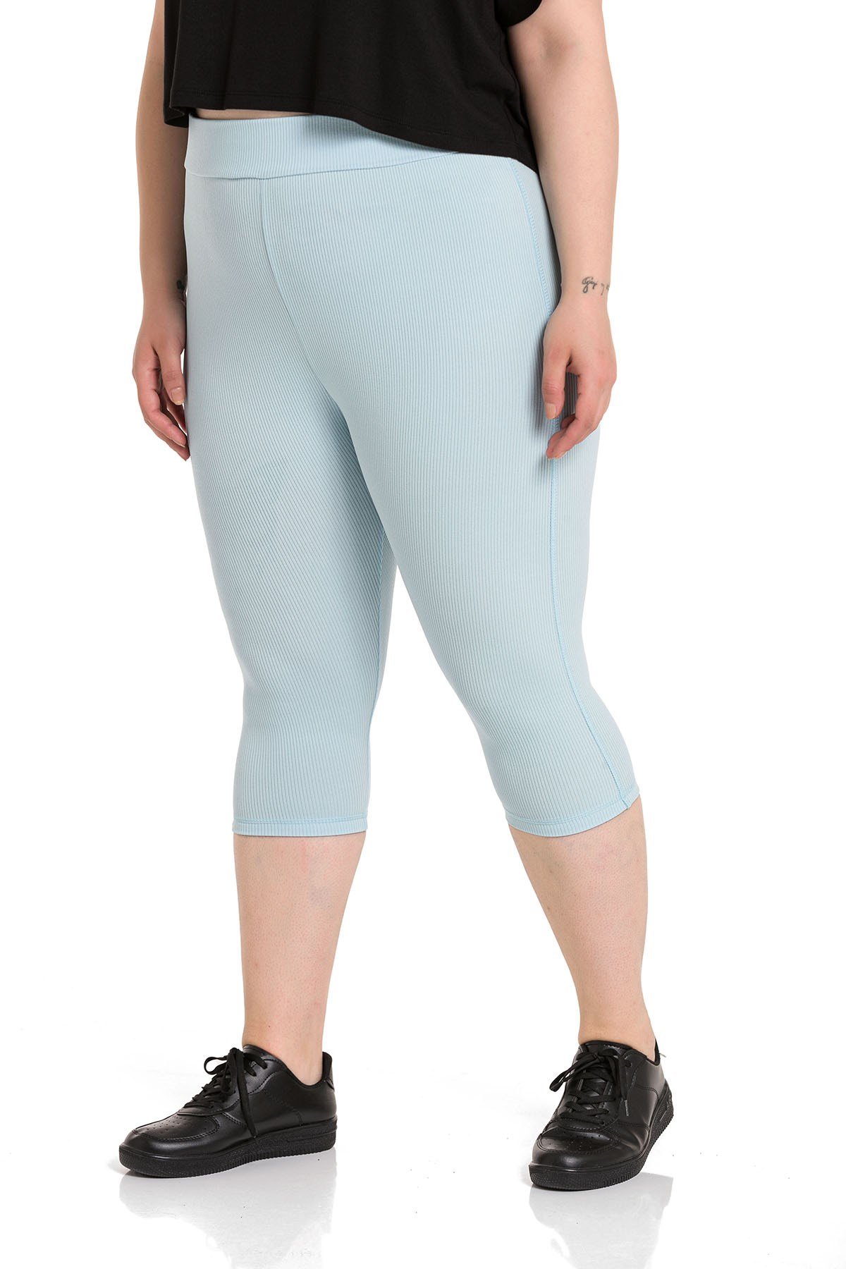 Büyük Beden Fitilli Beli Lastikli Karyoka Dikişli Diz Altı Bebe Mavi Bayan Tayt