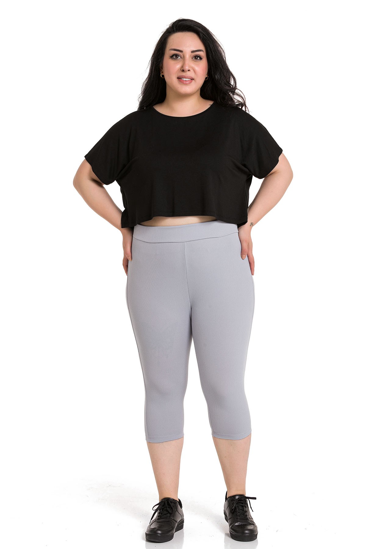 Plus Size Ribbed Waist Elastic Waistband Knee-Length Gray Tights