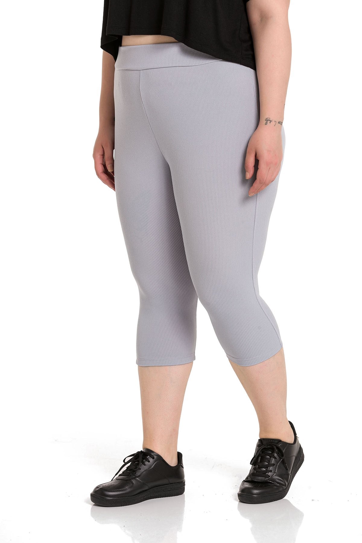 Plus Size Ribbed Waist Elastic Waistband Knee-Length Gray Tights