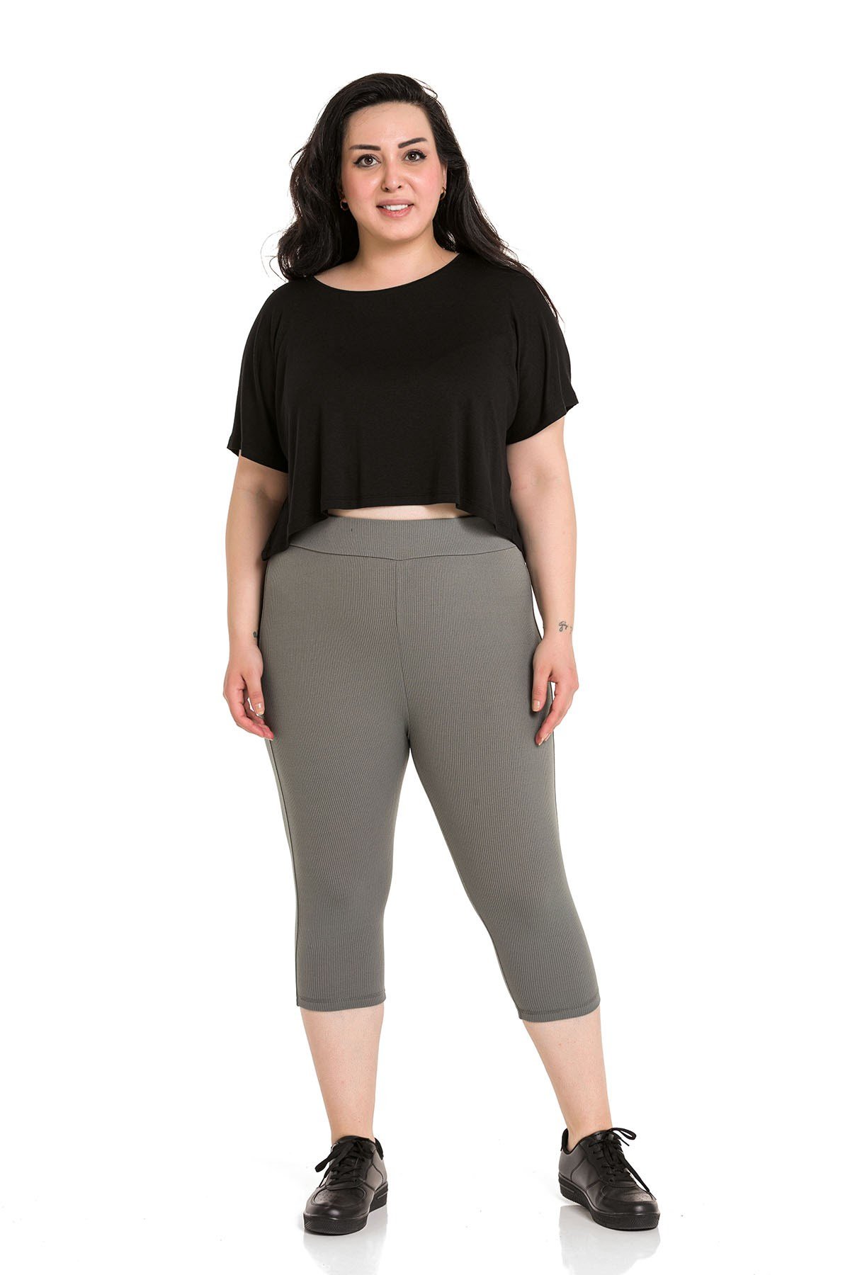 Büyük Beden Fitilli Beli Lastikli Karyoka Dikişli Diz Altı Haki Bayan Tayt