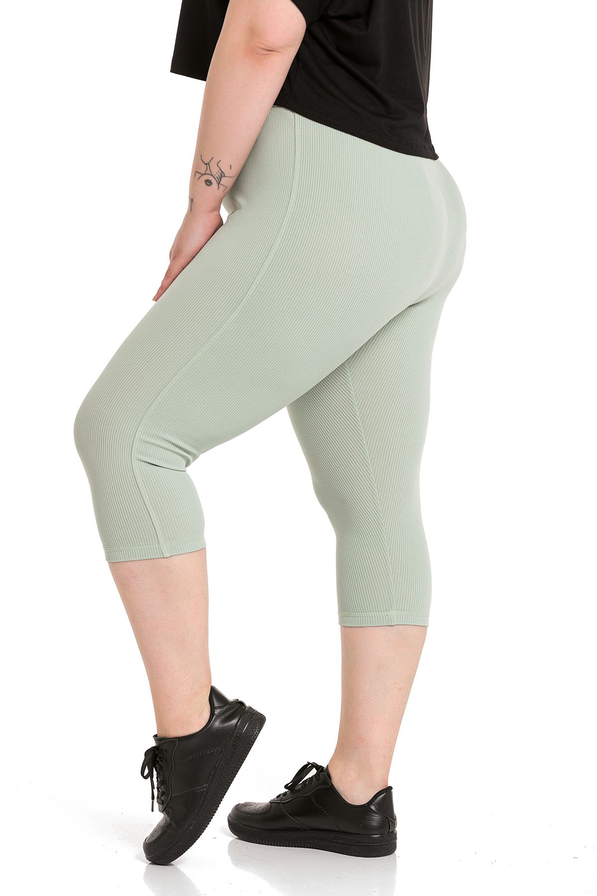 Plus Size Ribbed Waist Elastic Waistband Knee-Length Green Tights